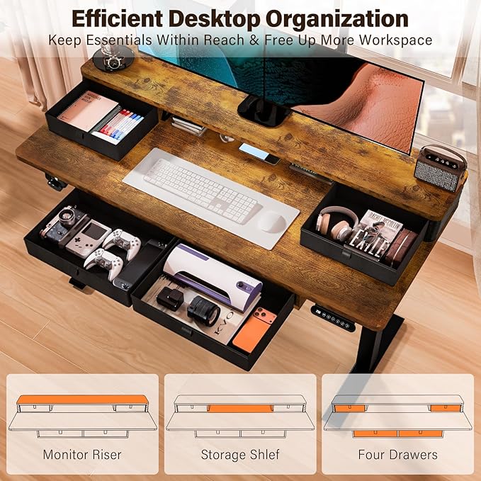 Kingant 48 x 24 Inch Electric Standing Desk with 4 Drawers, Height Adjustable Sit to Stand Computer Desk with Storage Shelf and C-Clamp Mount Compatibility for Home Office, Rustic Brown