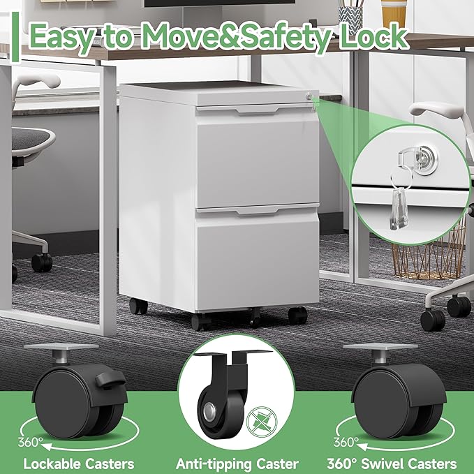 2 Drawer File Cabinet with Lock,Small Filing Cabinet for Home Office,Rolling Metal File Cabinets with Wheels for Letters/Legal/A4 Size, Assembly Required,White