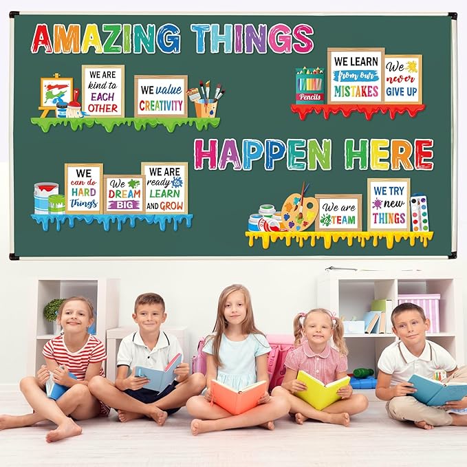 Qilery Art Theme Bulletin Board Set, Amazing Things Happen Here Paint Splatter Cutouts, Colorful Growth Mindset Motivational Classroom Decor, Inspirational Art Room Teacher Supplies