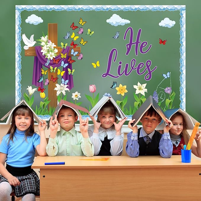 Easter Bulletin Board Decorations Christian Religious Bulletin Board Set He Lives Cross Cutouts for Spring School Sunday Home Church Wall Door(Christian)