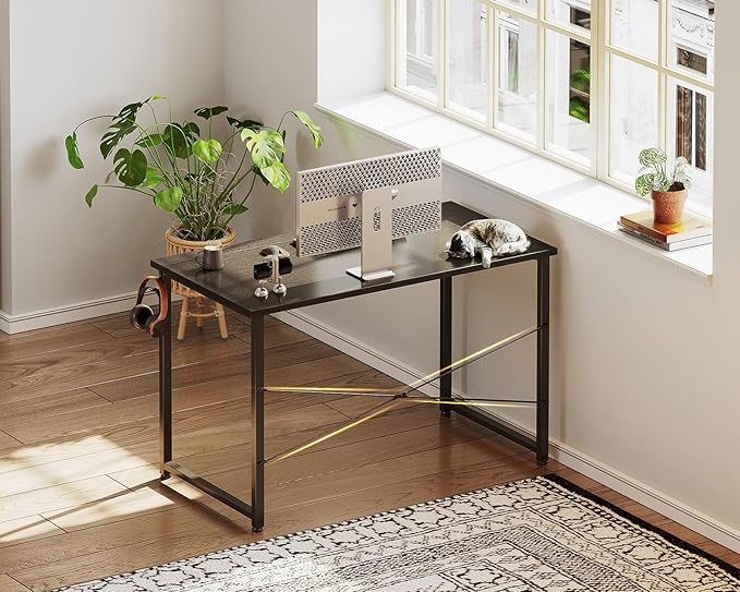 Casaottima 40 Inch Small Computer Desk for Home Office, Study Writing Table for Small Spaces, Simple Modern Desk with Headphone Hooks, Black