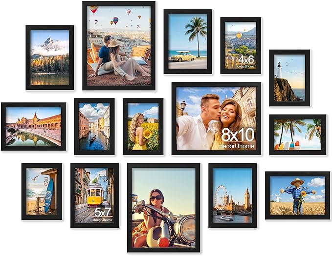 decorUhome Assorted Picture Frames Collage Wall Decor for Photo Gallery Display Set of 15 Including Three 8x10 / Six 5x7 / Six 4x6 for Family Wall Decor, Black, 15 Pack
