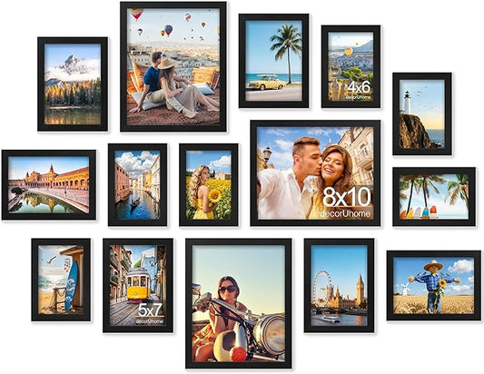 decorUhome Assorted Picture Frames Collage Wall Decor for Photo Gallery Display Set of 15 Including Three 8x10 / Six 5x7 / Six 4x6 for Family Wall Decor, Black, 15 Pack