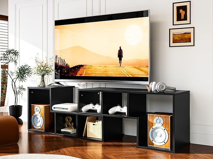 Recaceik Cube Bookshelf 2 Shelf Bookcase L-Shaped TV Console Stand Modern Entertainment Center with Open Storage Shelves for CDs/Movies/Books for Living Room, Bedroom, Home Office (Black)
