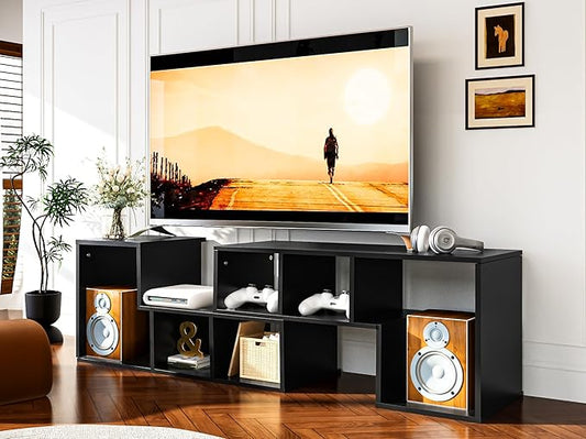 Recaceik Cube Bookshelf 2 Shelf Bookcase L-Shaped TV Console Stand Modern Entertainment Center with Open Storage Shelves for CDs/Movies/Books for Living Room, Bedroom, Home Office (Black)