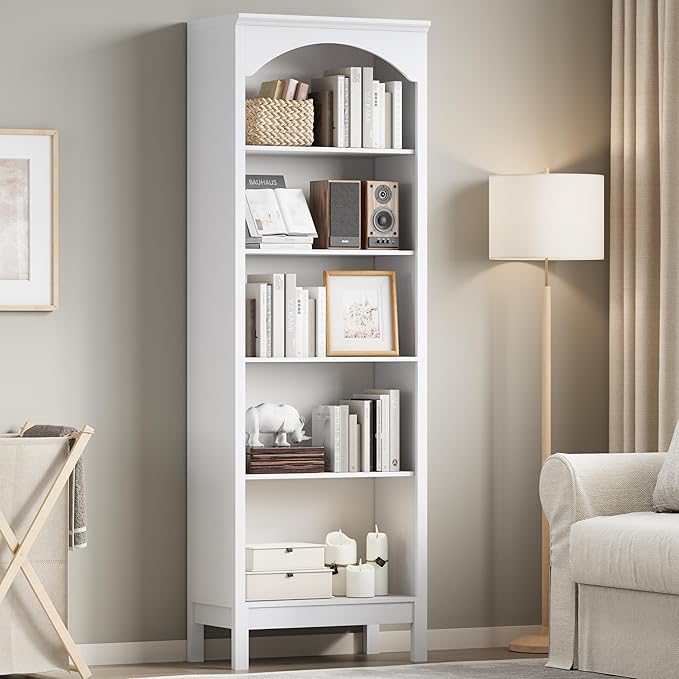 Arched Set of 2 Bookshelf with 5 Tier Open Shelves, 71" Tall Wood Bookcase with Adjustable Shelves, 24" Wide Floor Standing Display Storage Shelf for Home Office, Kitchen,Living Room, Modern White