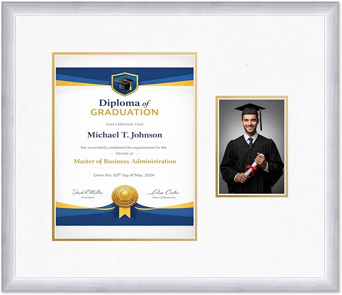 Diploma Frame With Photo Opening Stainless Silver Oyster Shell Over Gold Mat - Fits 10 x 13 Degree and Picture Made in the USA