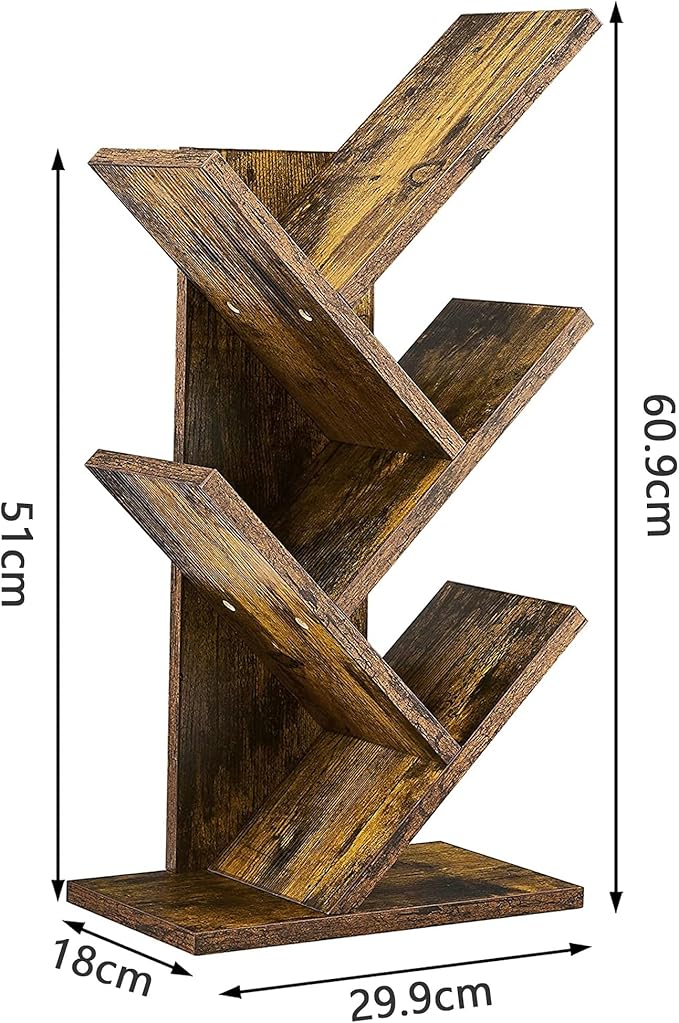 Hoctieon 4 Tier Tree Bookshelf, 4 Shelf Bookcase, Modern Book Storage, Free Standing Tree Bookcase, Utility Organizer Shelves for Home Office, Living Room, Bedroom, Rustic Brown