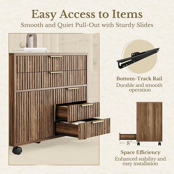 Home Office Furniture Set, Fluted Wooden File Cabinet with Locable Wheels, Filing Cabinet with 5 Drawers for Home Office, Black Walnut