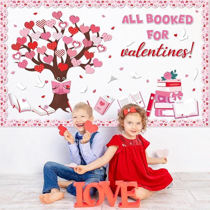 Valentine’s Day Bulletin Board Set Reading Bulletin Board Decorations All Booked for Valentines Classroom Decoration Pink Heart Books Tree Paper Cutouts for School Library Chalkboard Door Decor
