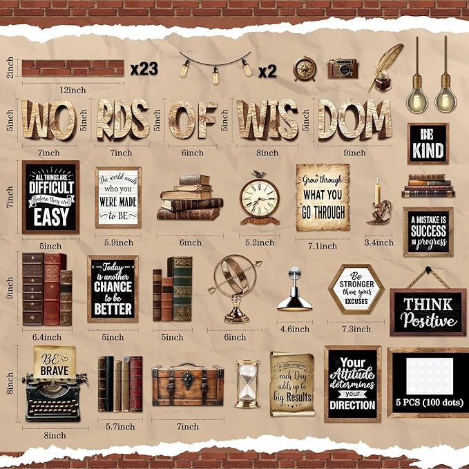 57 Pcs Industrial Chic Bulletin Board Set Inspirational Rustic Classroom Decoration Farmhouse Bulb Typewriter Brick Cutout for School Office Chalkboard Door Wall Decor