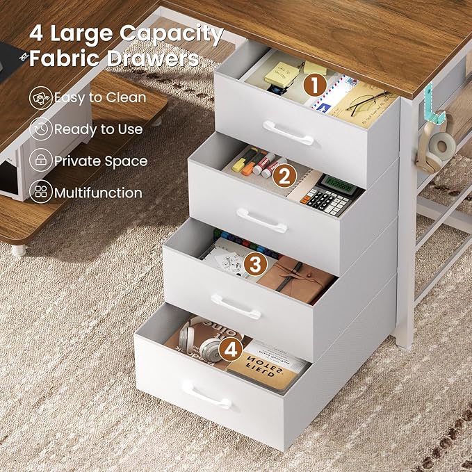 L Shaped Desk, 67" Reversible Computer Desk with 4 Fabric Drawers and Power Outlet, Corner U Shaped Desk with Shelf and Pegboard for Home Office, Brown+White
