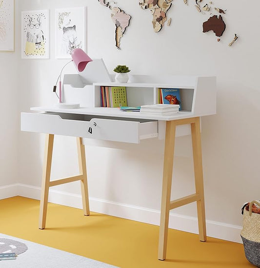 Modern Design Roma Small Desk for Bedroom, 40 inch White Writing Desk with Hutch and Locking Drawer, by Crafts and Comfort