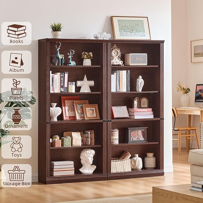 70" Walnut Tall Bookshelf Set of 2,5-Tier Thick Wooden Book Shelf with Adjustable Shelves,Free Standing Farmhouse Bookcase with Open Display Storage,Floor Vintage Bookshelves for Living Room