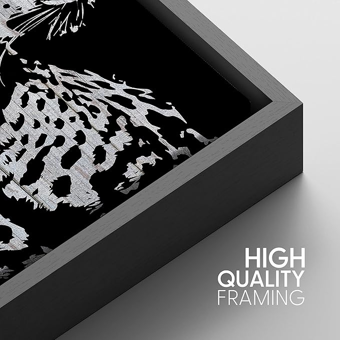 IDEA4WALL Framed Canvas Print Wall Art Grayscale Spotted Leopard Profile on Wood Panels Animals WildLife Illustrations Modern Art Tropical Portrait for Living Room, Bedroom, Office - 24"x36" BLACK