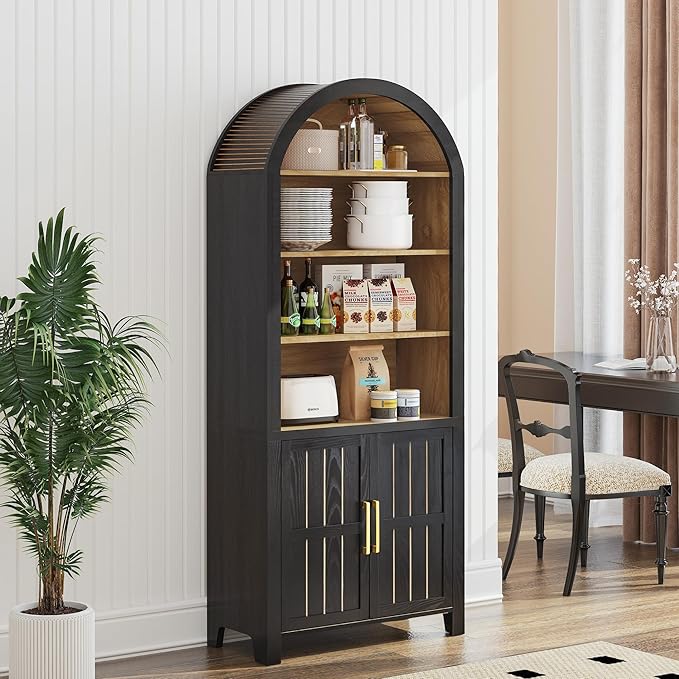 71" Tall Arched Bookcase, Arch Bookshelf with Doors , Modern Farmhouse Book Shelf Storage Cabinet with Adjustable Shelves, Wood Bookshelf w/Open Display for Living Room, Office Decor (Black/Natural)