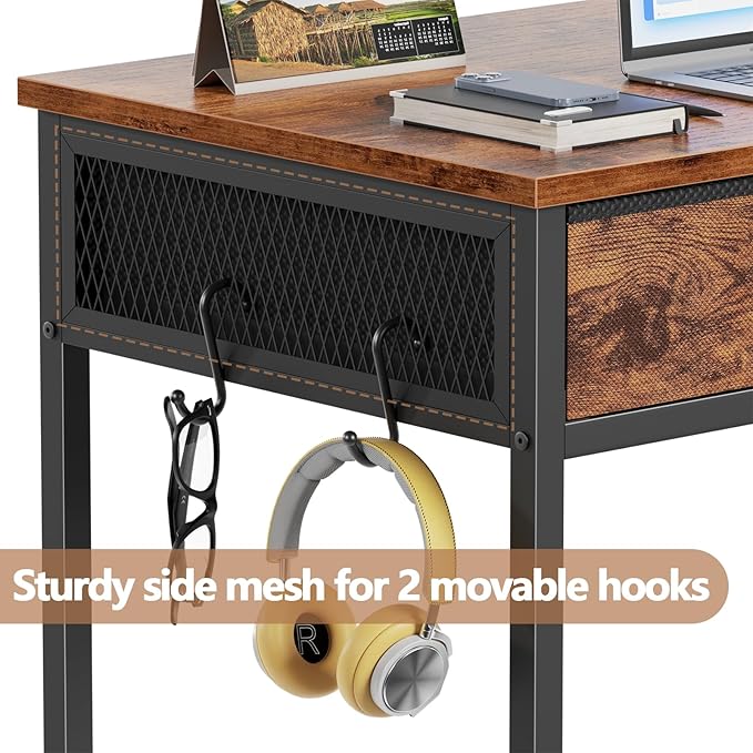 Furologee Small Computer Desk with 2 Fabric Drawers, 40 Inch Simple Home Office Desk, Writing Desk with Hooks, Study Table for Working Small Spaces, Makeup Desk for Bedroom, Rustic Brown