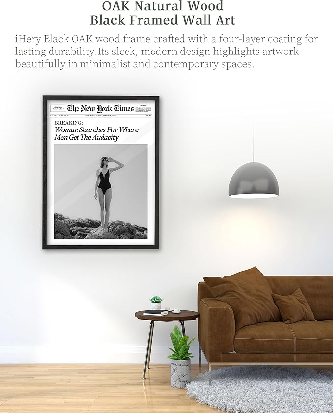 iHery Premium Natural Black OAK Wood 12x16in Trendy Framed Wall Art, Retro Woman Searches For Where Men Get The Audacity Canvas Wall Decor For Girly Dorm Bedroom Living Room 1Pack