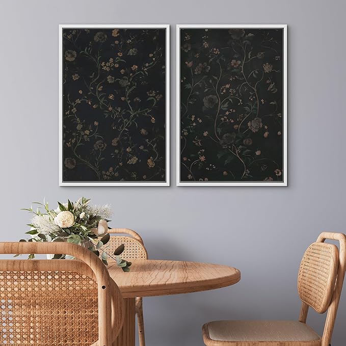 SIGNWIN Framed Canvas Print Wall Art Set Dark Vintage Floral Moody Botanical Modern Art Minimal Boho Relax/Calm for Living Room, Bedroom, Office - 16"x24"x2 White
