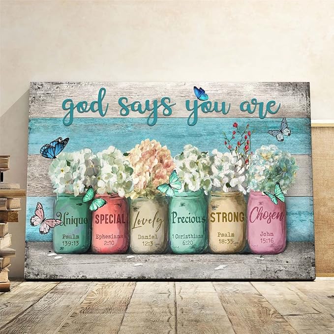 Parylore Inspirational Canvas Wall Art Encouraging Bible Verses On Cute Marson Jars and Butterflies God Says You Are Modern Artwork for Living Room Bedroom Bathroom Office Home Decor 16x20 In
