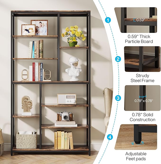 Tribesigns 79-Inch Tall Staggered Bookshelf, Industrial Bookcase with 8 Open Shelves, Wood and Metal Etagere Display Shelf for Living Room, Home and Office