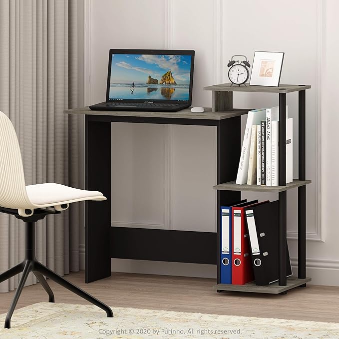 Furinno EFFICIENT Desk, 28.6" Wide Gaming Desk with 3 Open Side Shelves, Laptop Notebook Computer Desk, Office Desk for Home Office, Study Room, Dorm, Bedroom, French Oak/Black