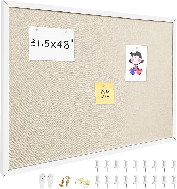 31.5x48 Inch Cork Board for Wall Hanging with Linen, Bulletin Board with Push Pins, Mounted Memo Message Board for Home Office Decor, Dorm Room Essentials, Classroom Organization