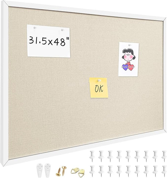 31.5x48 Inch Cork Board for Wall Hanging with Linen, Bulletin Board with Push Pins, Mounted Memo Message Board for Home Office Decor, Dorm Room Essentials, Classroom Organization