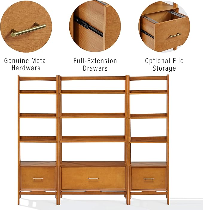 Crosley Furniture Landon 3-Piece Bookshelf Etagere Set, Bookcase with Shelves and File Drawers, Acorn
