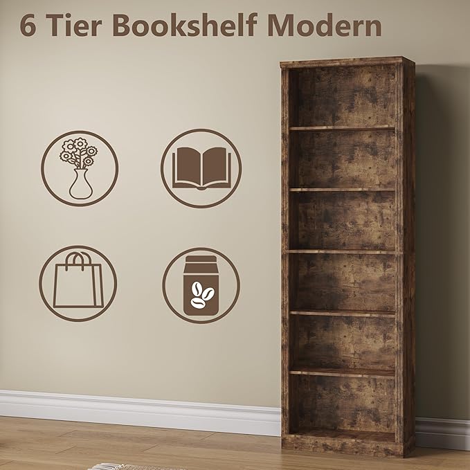 Tall Bookshelf, 6-Tier Bookcase with 2 Adjustable Shelves, Modern Farmhouse Storage for Living Room, Entryway, Office, 23.6" W x 74.8" H x 10.6" D, Brown