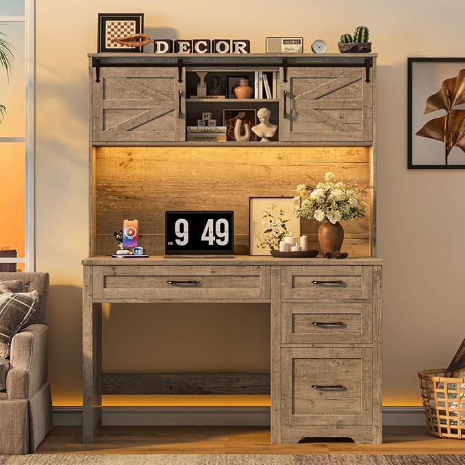 Vabches Farmhouse 67" H Executive Desk with Hutch,Office Table with LED Light and 5 Drawers,Computer Desk with Charging Station,File Drawers and Storage Cabinet,Workstation for Home Office.Grey