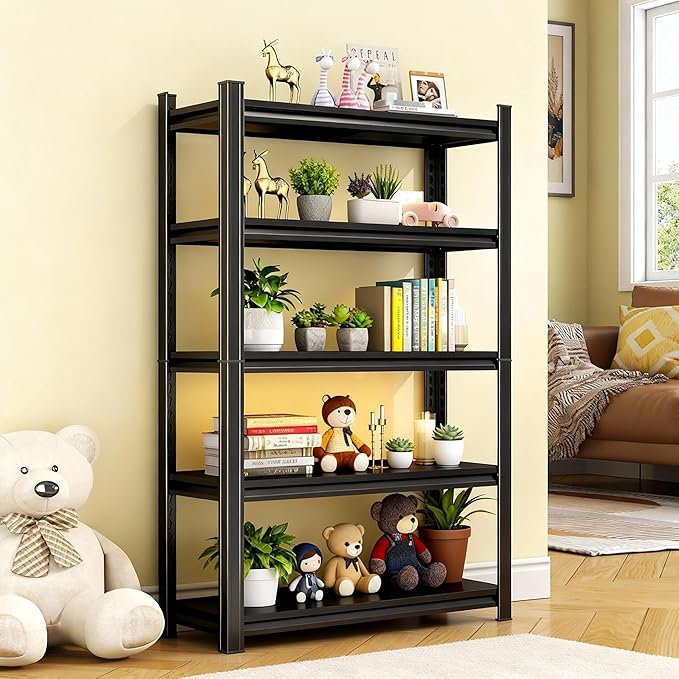 40" W*78" H Book Shelf，5 Tier Metal Wide Bookshelf，Heavy Duty Book Shelfs，Adjustable Shelving Unit，Tall Bookcase，Industrial Bookshelf for Living Room，Bedroom，Office and Library
