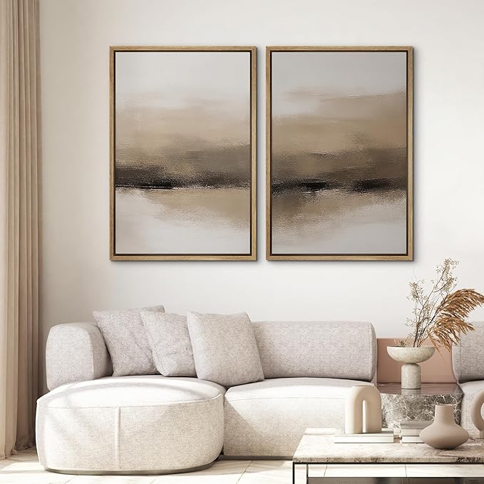 SIGNWIN Framed Canvas Print Wall Art Set Beige and Black Neutral Abstract Landscape Minimalist Illustrations Modern Art Decorative Multicolor for Living Room, Bedroom, Office - 24"x36"x2 Natural