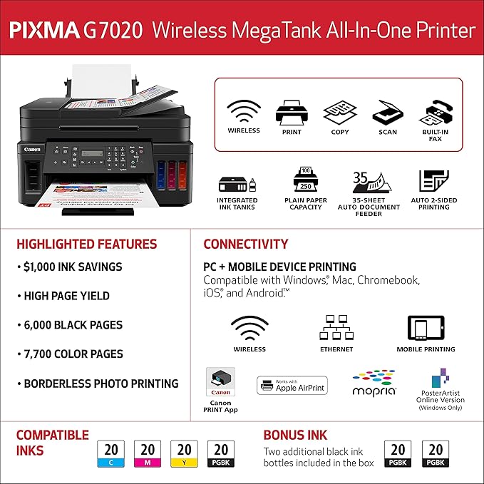 Canon G7020 All-in-One Printer Home Office | Wireless Supertank (Megatank) Printer | Copier | Scan, | Fax and ADF with Mobile Printing, Black, Works with Alexa