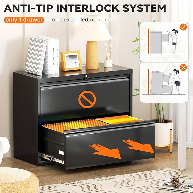 INTERGREAT File Cabinet 2 Drawers,Metal Lateral Filing Cabinet with Lock for Home Office, Locking Horizontal File Cabinet for Hanging Files Letter/Legal/F4/A4, Easy Assemble, Black,