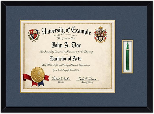 CountryArtHouse Diploma and Tassel Frame Fits 17 x 13 International Diploma with Tassel Hook Matte Black Genuine Hardwood Shadowbox with Navy Blue Over Metallic Gold Double mat