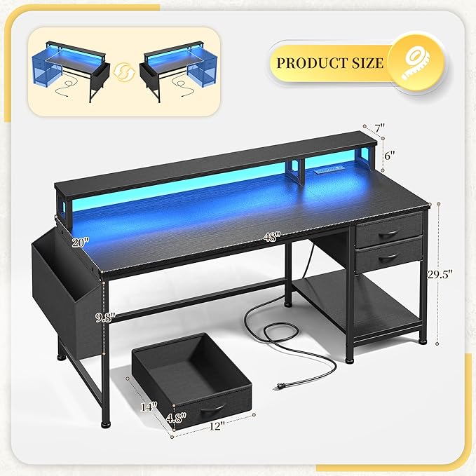 48" Computer Desk with Drawers & Storage Bag, Gaming Desk with Power Outlets and LED Lights, Office Desk with Monitor Stand for Bedroom Gaming Room, Study Work Home Office, Black