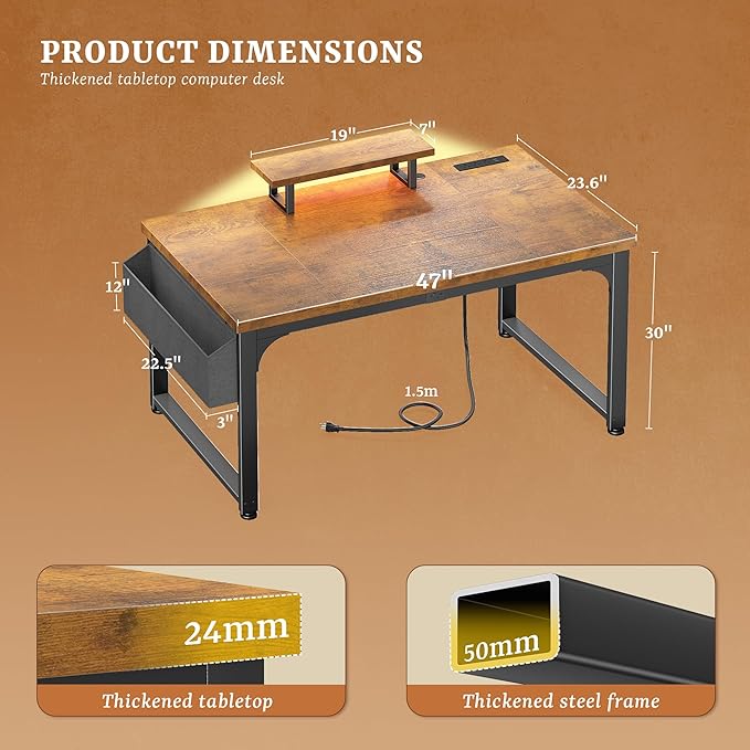 Computer Desk with 0.95 Inch Thicker Desktop & Monitor Stand & Storage Bag, Office Desk with Power Outlets, Gaming Desk with LED Light, Writing Desk for Home Office, Study, Bedroom, Brown