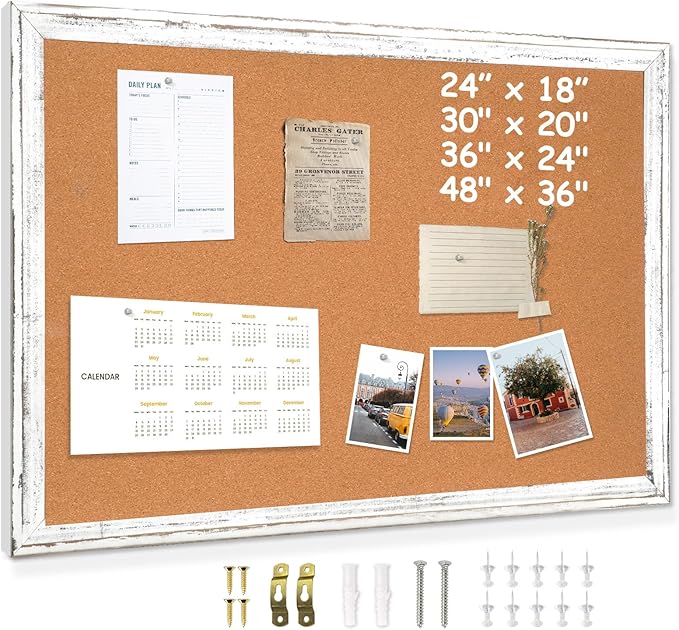 DOLLAR BOSS White Cork Board for Wall - 30 X 20 Inches, Rustic Wooden Frame Bulletin Board, Decorative Hanging Pin Board for Office & Home Decor