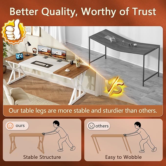 TVU Computer Desk, 63 inch Large Office Desk, Study Writing Table with Thicken Frame, Gaming Desk, Modern Simple Desk for Home Office, Brown/White