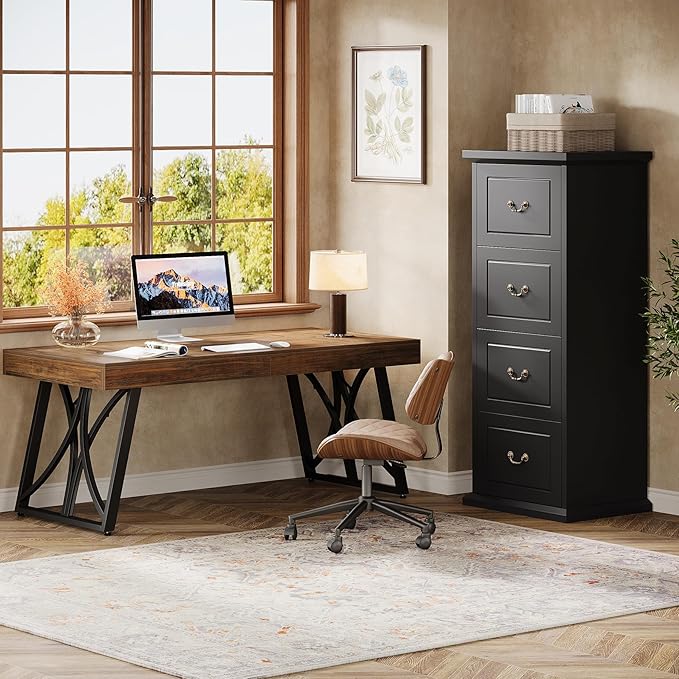 Tribesigns 4-Drawer File Filing Cabinet, Vertical File Cabinet Office Wood Filing Cabinet for A4 / Letter Size Narrow Tall File Storage for Home Office, Black