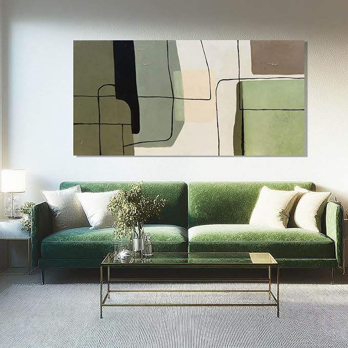 Framed Green Abstract Wall Art and White Modern Wall Decor, Modern Canvas Prints for Living Room, Bedroom, or Office, 24" x 48"