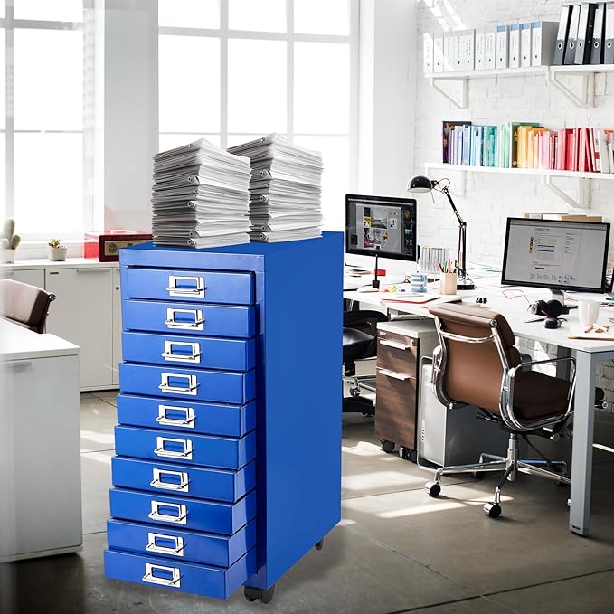 File Cabinet MINI 10 Tier Metal File Organizer Document Organizer with Wheel, White Color, for Home Office, Office Desk File (Blue)