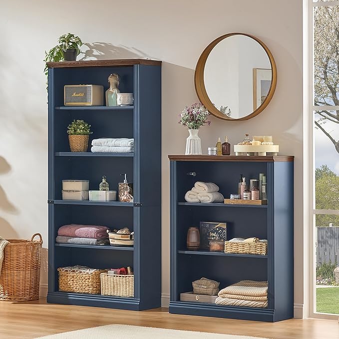 43" Blue Tall Bookshelf Set of 3,3-Tier Thick Wooden Book Shelf with Adjustable Shelves,Free Standing Farmhouse Bookcase with Open Display Storage,Floor Vintage Bookshelves for Living Room ﻿