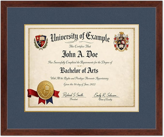 CountryArtHouse Diploma Frame Fits 17 x 13 International Diploma - Keepsake Graduation Display Rustic Walnut Genuine Hardwood with Navy Blue Over Metallic Gold Double mat