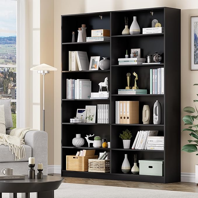 6 Tier Open Shelves Bookcase, Black Book Case with 12 Open Shelves, Freestanding Display Storage Shelves, Home Library Bookcase for Living Room Bedroom Office