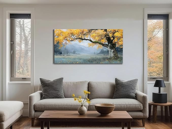 Arjun Tree Canvas Wall Art Landscape Painting for Living Room Bedroom, Mountain View Wall Decor Nature Scenery Artwork Rustic Textured Large Framed Picture Dining Room Hallway Fireplace 40"x20"