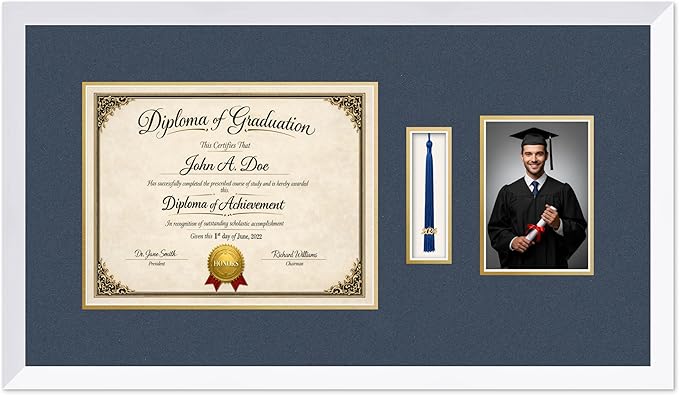 Diploma Tassel and Photo Frame Bright White Shadowbox Navy Blue Over Gold Mat - Fits 13 x 10 Degree Picture Made in the USA