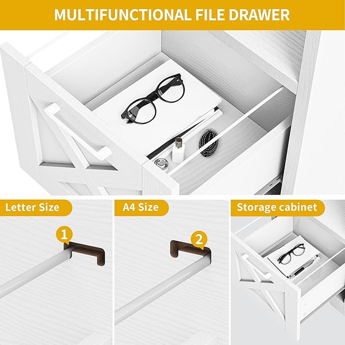 DWVO L Shaped Desk with File Drawer, 60" Corner Computer Desk with Power Outlets, Home Office Desk with Monitor Stand & Storage Shelves & File Cabinet, White