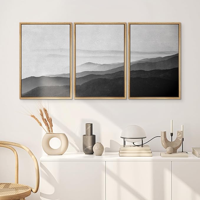 SIGNWIN Framed Canvas Print Wall Art Side of Mountain in Mist Nature Rocky Illustrations Minimalism Contemporary Black and White for Living Room, Bedroom, Office - 16"x24"x3 Natural